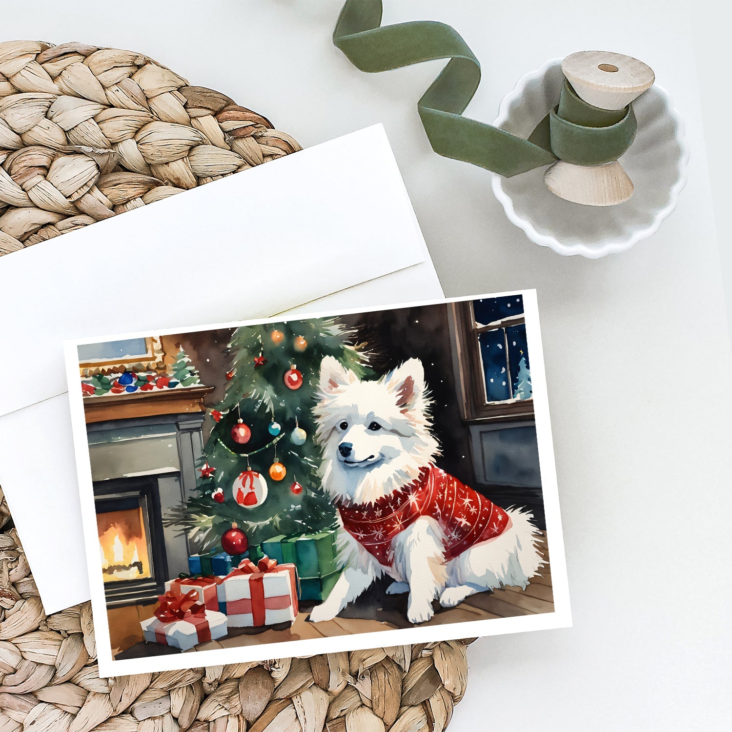 American Eskimo Cozy Christmas Greeting Cards Pack of 8 Blank Cards with Envelopes Whimsical A7 Size 5x7