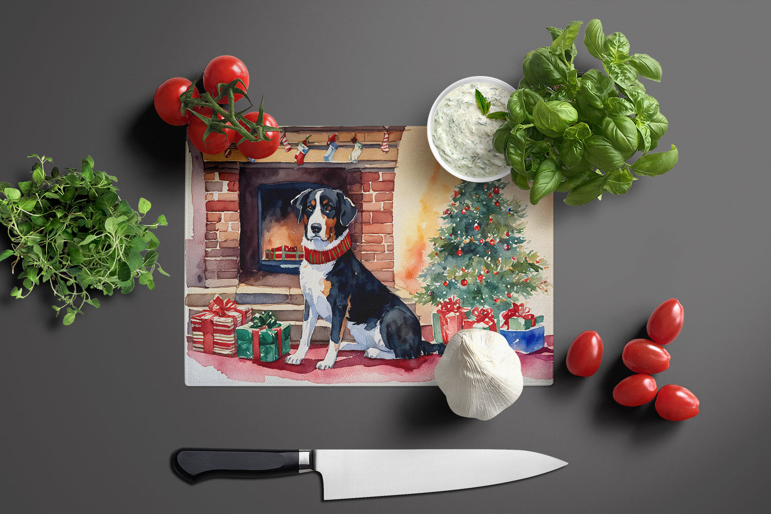Appenzeller Sennenhund Cozy Christmas Cutting Board Tempered Glass Kitchen Cutting Surface, Heat Resistant Chopping, Non-Slip Feet, Food Prep & Serving