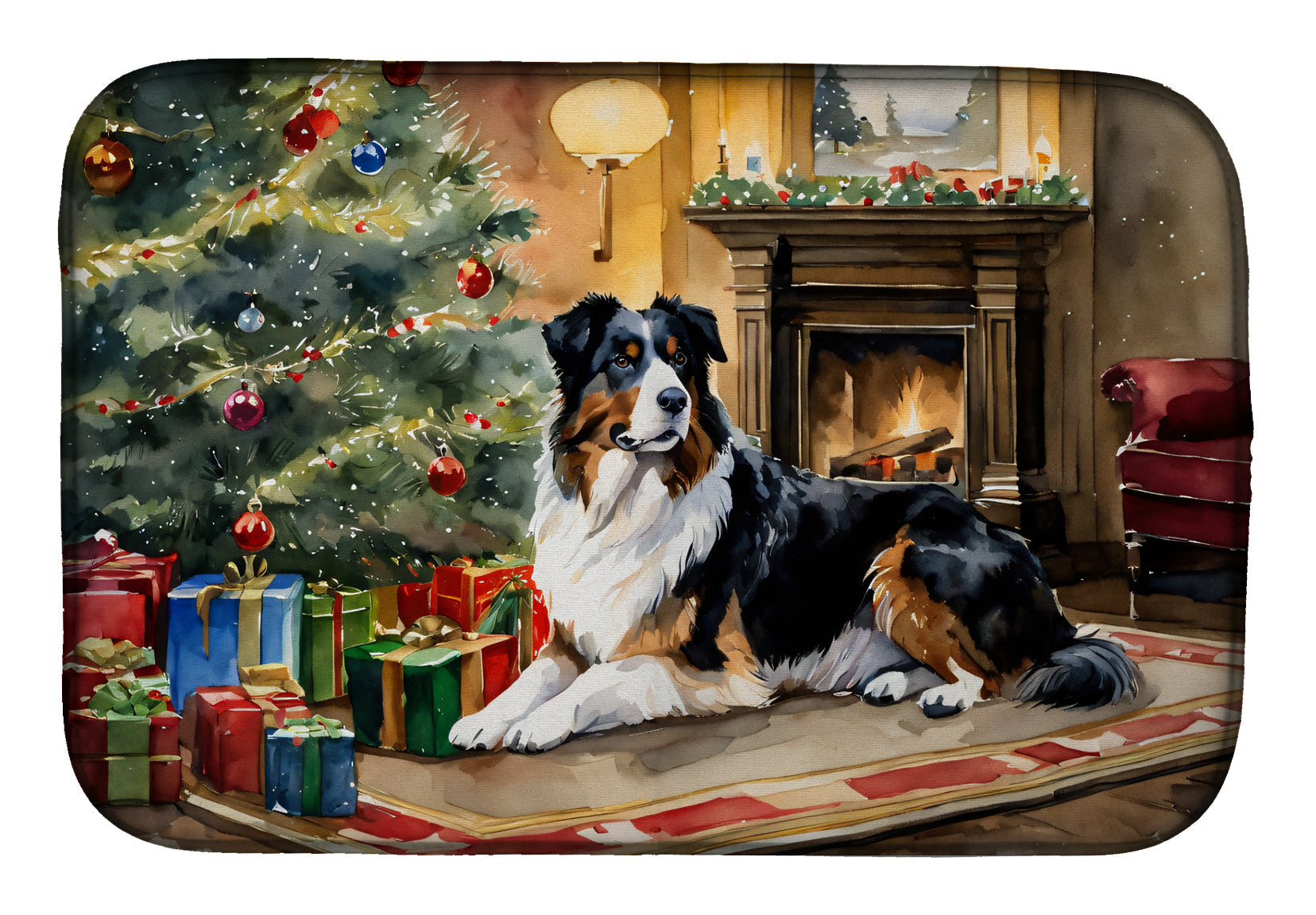 Australian Shepherd Cozy Christmas Dish Drying Mat Absorbent Dish Drying Mat Pad for Kitchen Counter Dish Drainer Mat for Countertop, 14 x 21", Multicolor