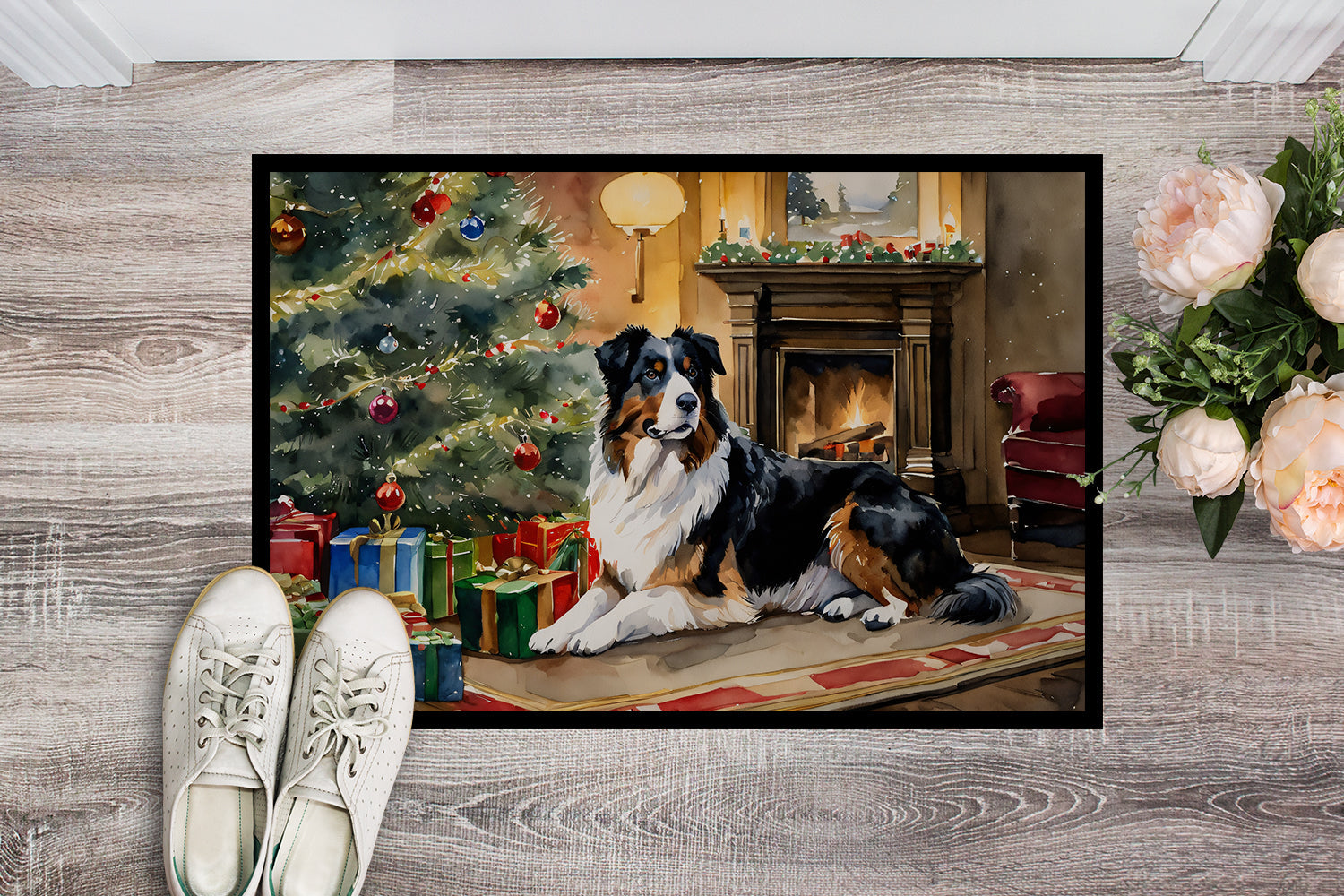 Australian Shepherd Cozy Christmas Doormat Indoor Outdoor 18H X 27W Front Door Mat Rugs for Entryway, Non Slip Washable