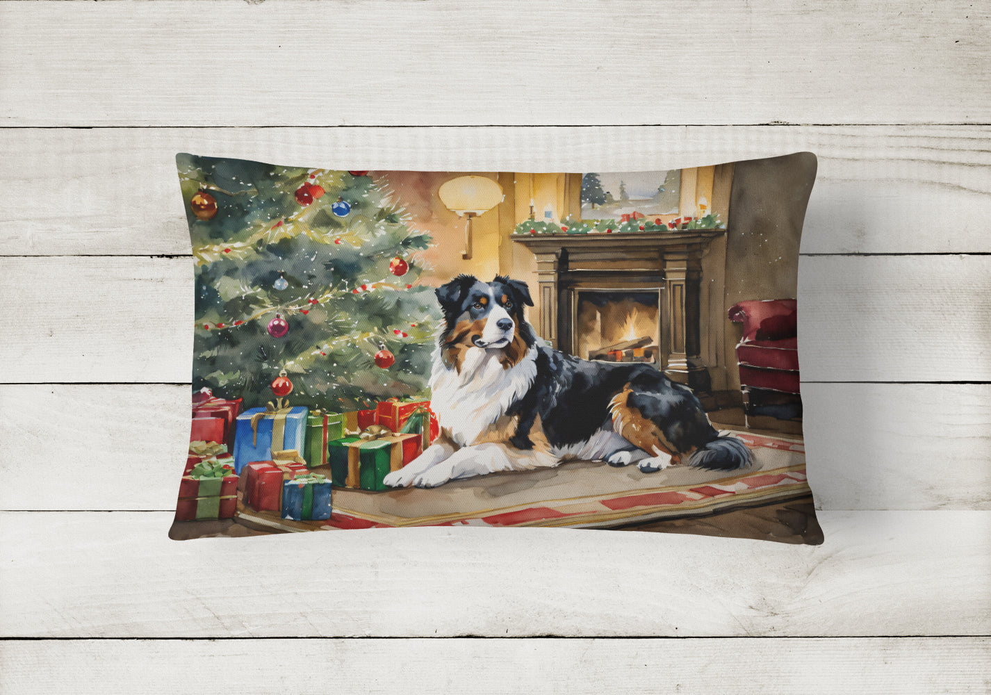 Australian Shepherd Cozy Christmas Decorative Throw Pillow 12x16 Indoor Outdoor Accent Cushion, Fabric Cover with Insert for Sofa, Bed, Porch & Living Room