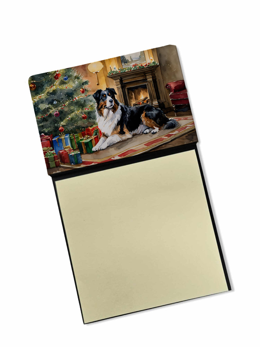 Australian Shepherd Cozy Christmas Watercolor Sticky Note Holder Refillable Dispenser Desk Accessory 3x3 Pad Gift