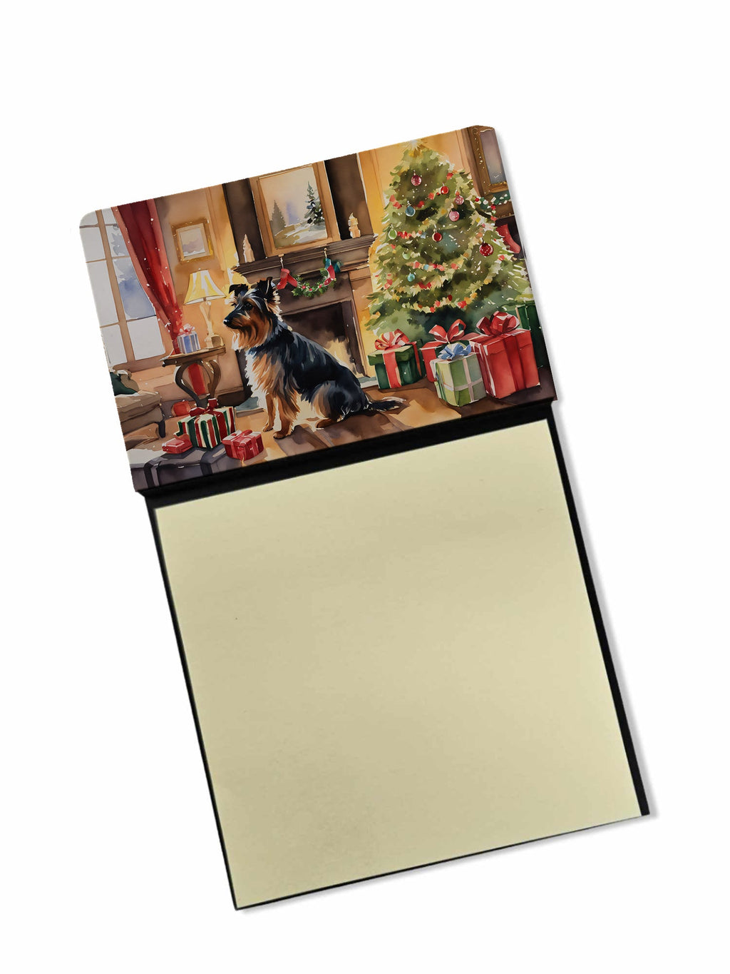 Australian Terrier Cozy Christmas Watercolor Sticky Note Holder Refillable Dispenser Desk Accessory 3x3 Pad Gift
