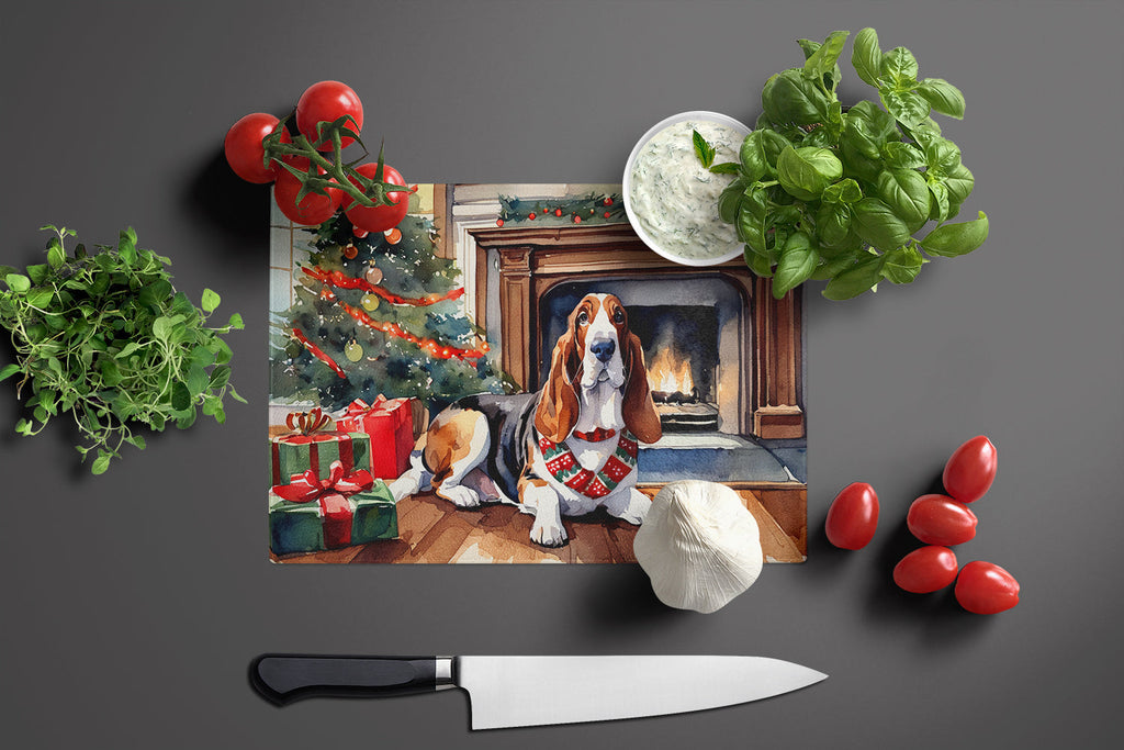 Basset Hound Cozy Christmas Cutting Board Tempered Glass Kitchen Cutting Surface, Heat Resistant Chopping, Non-Slip Feet, Food Prep & Serving