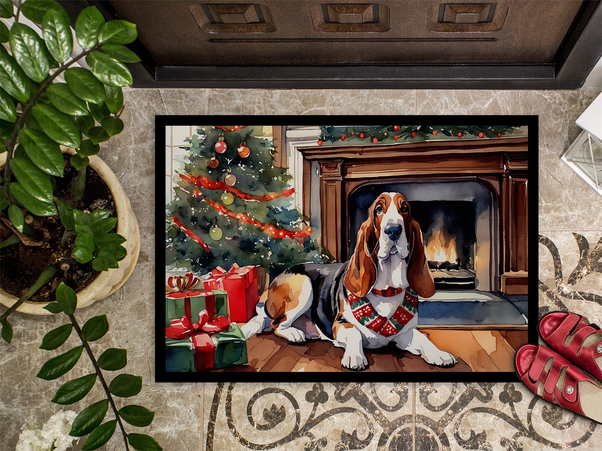 Basset Hound Cozy Christmas Doormat Indoor Outdoor 18H X 27W Front Door Mat Rugs for Entryway, Non Slip Washable