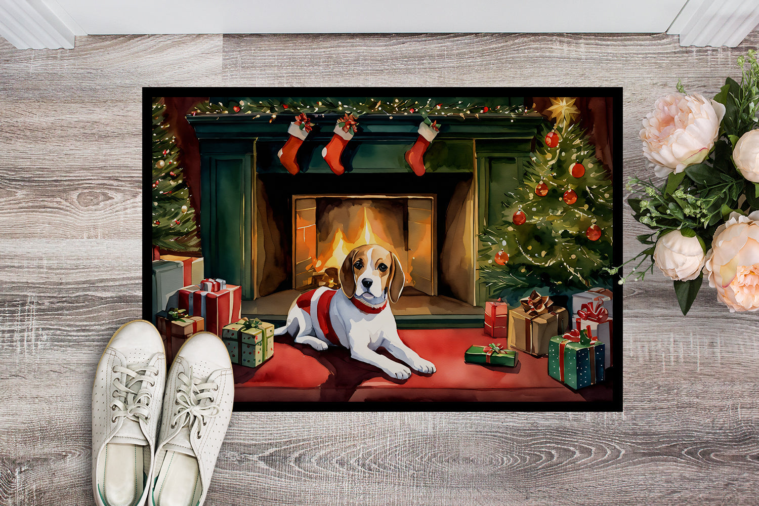 Beagle Cozy Christmas Doormat Indoor Outdoor 24H X 36W Front Door Mat Rugs for Entryway, Non Slip Washable Low Pile,