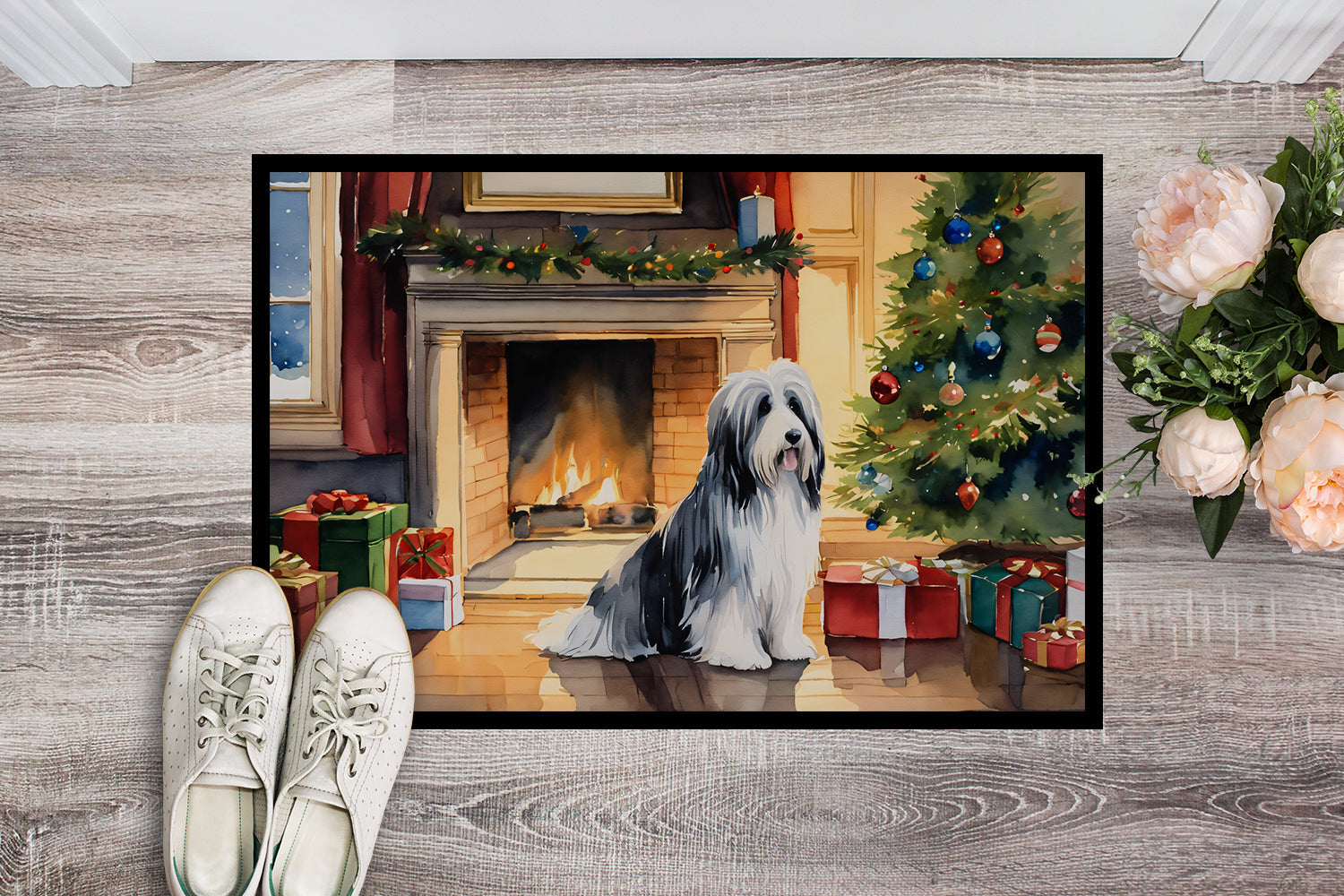 Bearded Collie Cozy Christmas Doormat Indoor Outdoor 18H X 27W Front Door Mat Rugs for Entryway, Non Slip Washable