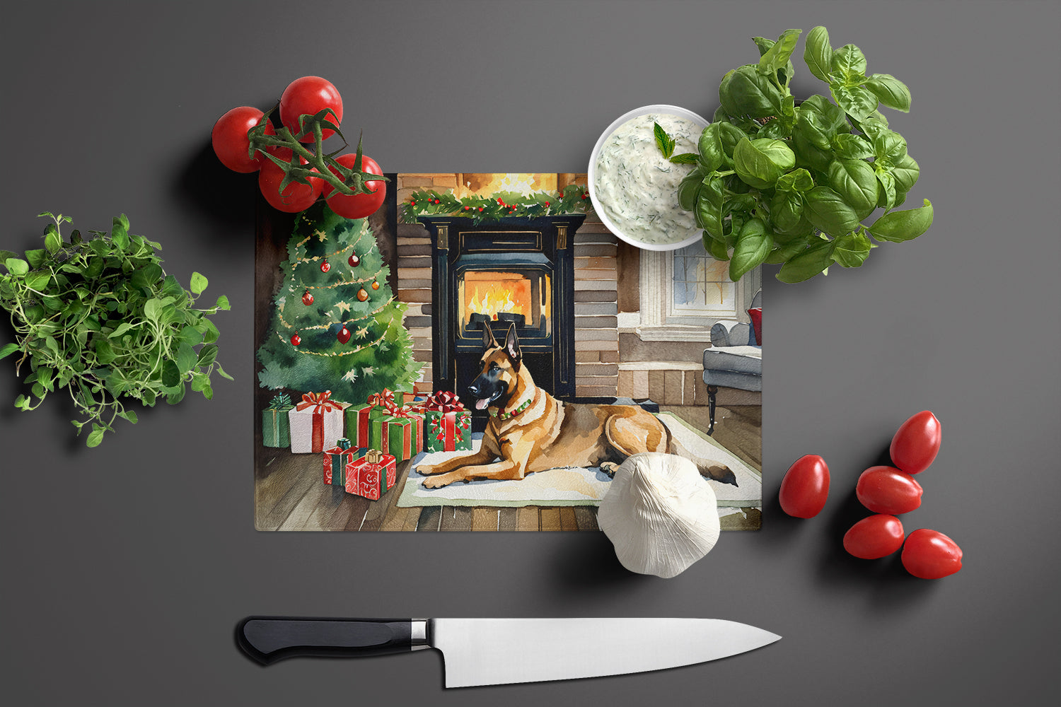 Belgian Malinois Cozy Christmas Cutting Board Tempered Glass Kitchen Cutting Surface, Heat Resistant Chopping, Non-Slip Feet, Food Prep & Serving