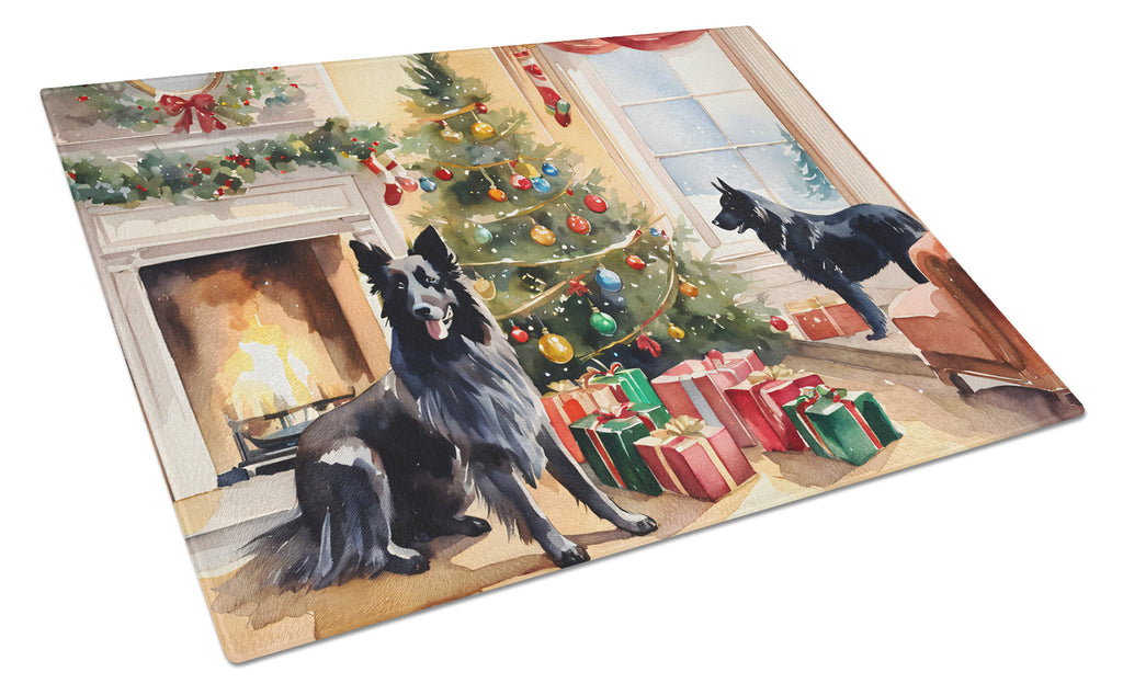 Belgian Sheepdog Cozy Christmas Cutting Board Tempered Glass Kitchen Cutting Surface, Heat Resistant Chopping, Non-Slip Feet, Food Prep & Serving