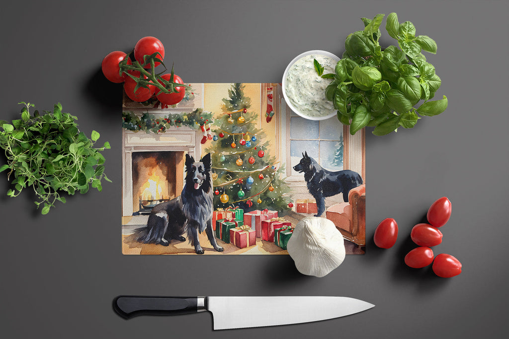 Belgian Sheepdog Cozy Christmas Cutting Board Tempered Glass Kitchen Cutting Surface, Heat Resistant Chopping, Non-Slip Feet, Food Prep & Serving