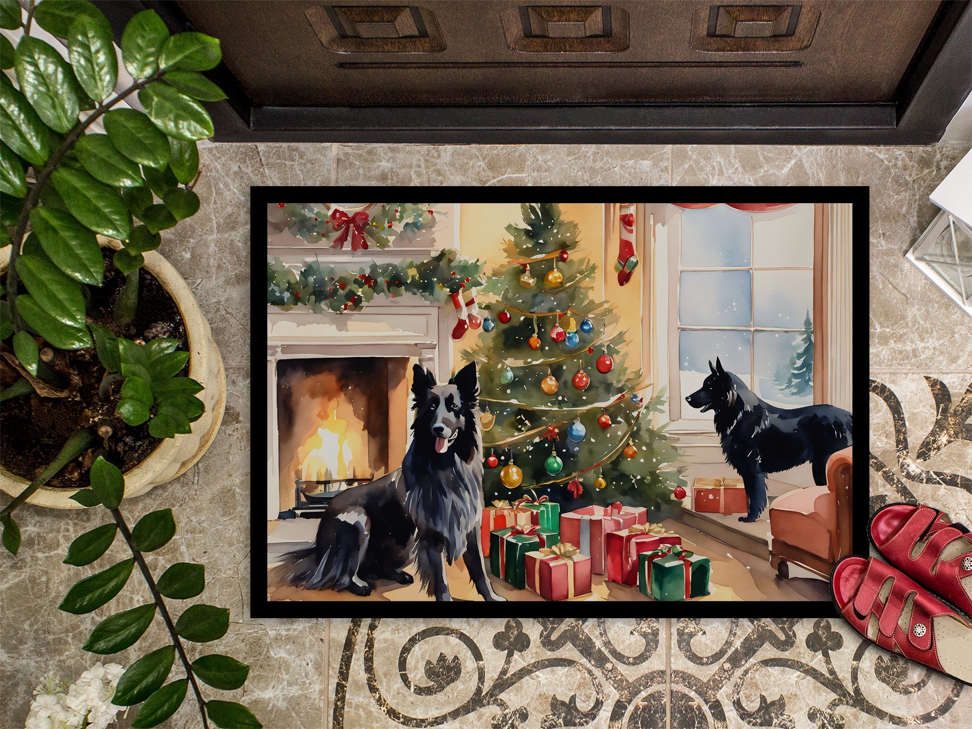 Belgian Sheepdog Cozy Christmas Doormat Indoor Outdoor 18H X 27W Front Door Mat Rugs for Entryway, Non Slip Washable