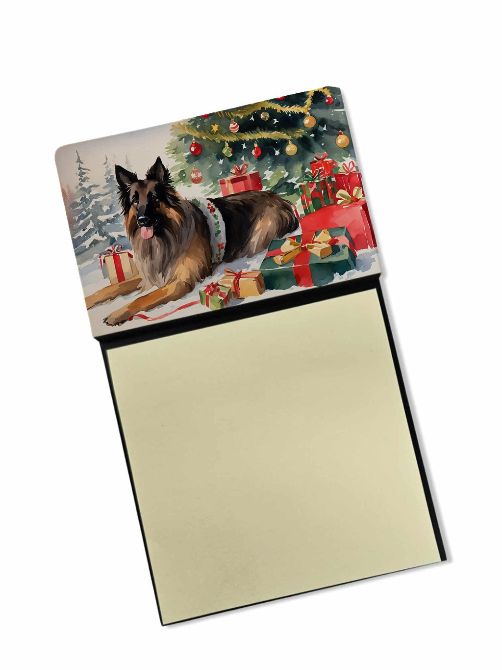 Belgian Tervuren Cozy Christmas Watercolor Sticky Note Holder Refillable Dispenser Desk Accessory 3x3 Pad Gift