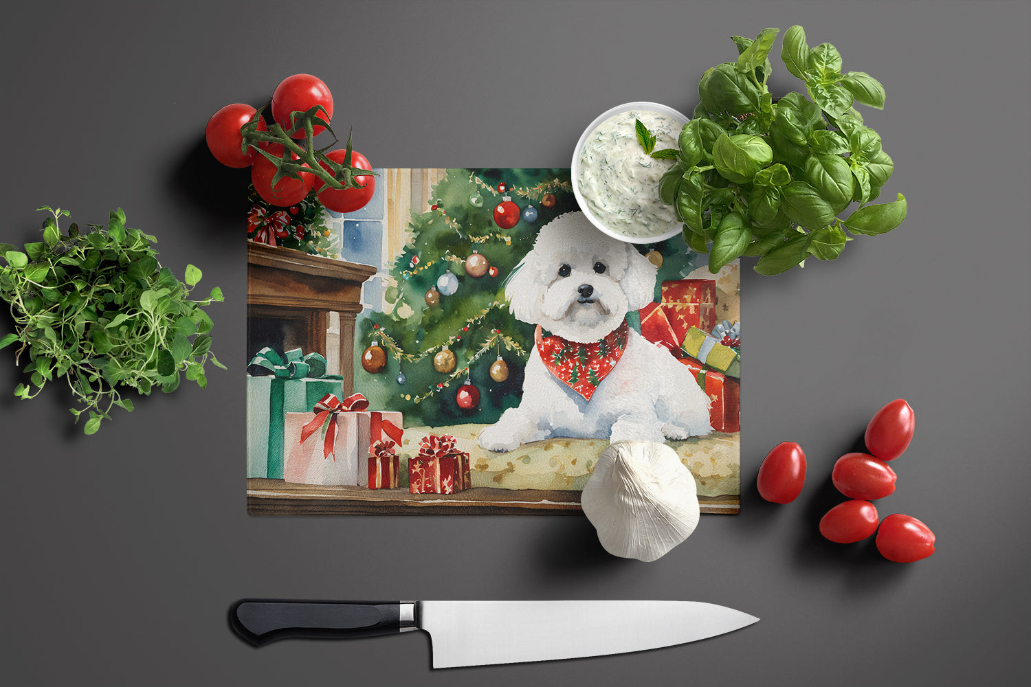 Bichon Frise Cozy Christmas Cutting Board Tempered Glass Kitchen Cutting Surface, Heat Resistant Chopping, Non-Slip Feet, Food Prep & Serving