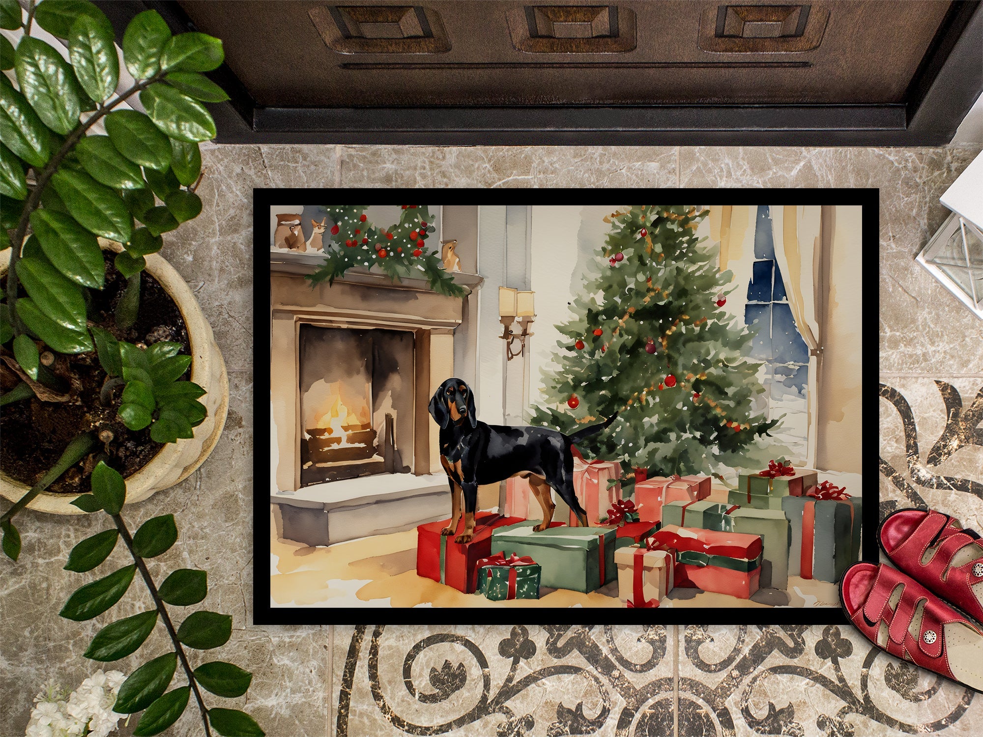 Black and Tan Coonhound Cozy Christmas Doormat Indoor Outdoor 18H X 27W Front Door Mat Rugs for Entryway, Non Slip Washable