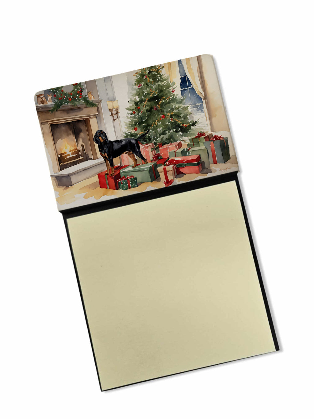 Black and Tan Coonhound Cozy Christmas Watercolor Sticky Note Holder Refillable Dispenser Desk Accessory 3x3 Pad Gift