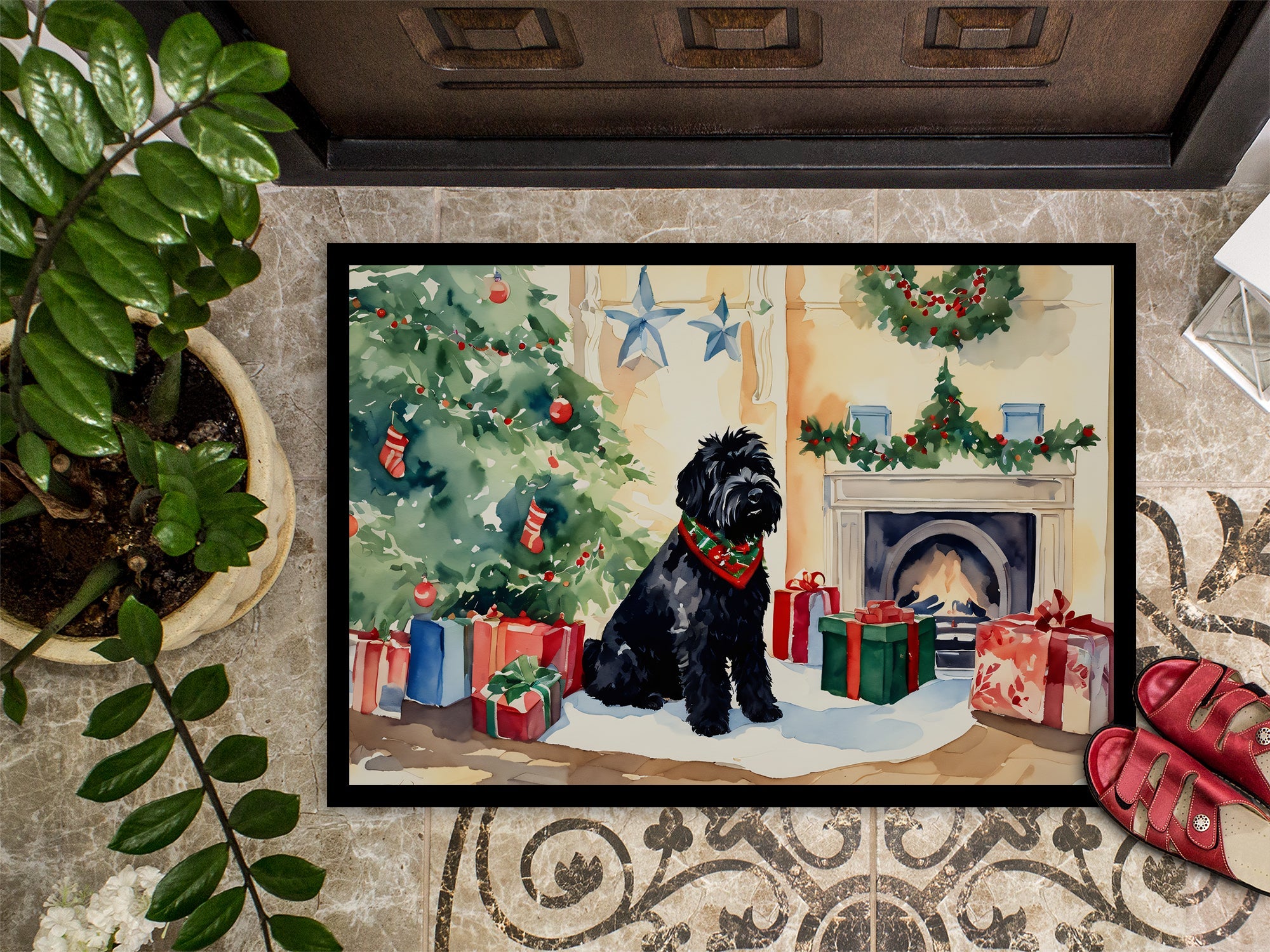 Black Russian Terrier Cozy Christmas Doormat Indoor Outdoor 24H X 36W Front Door Mat Rugs for Entryway, Non Slip Washable Low Pile,