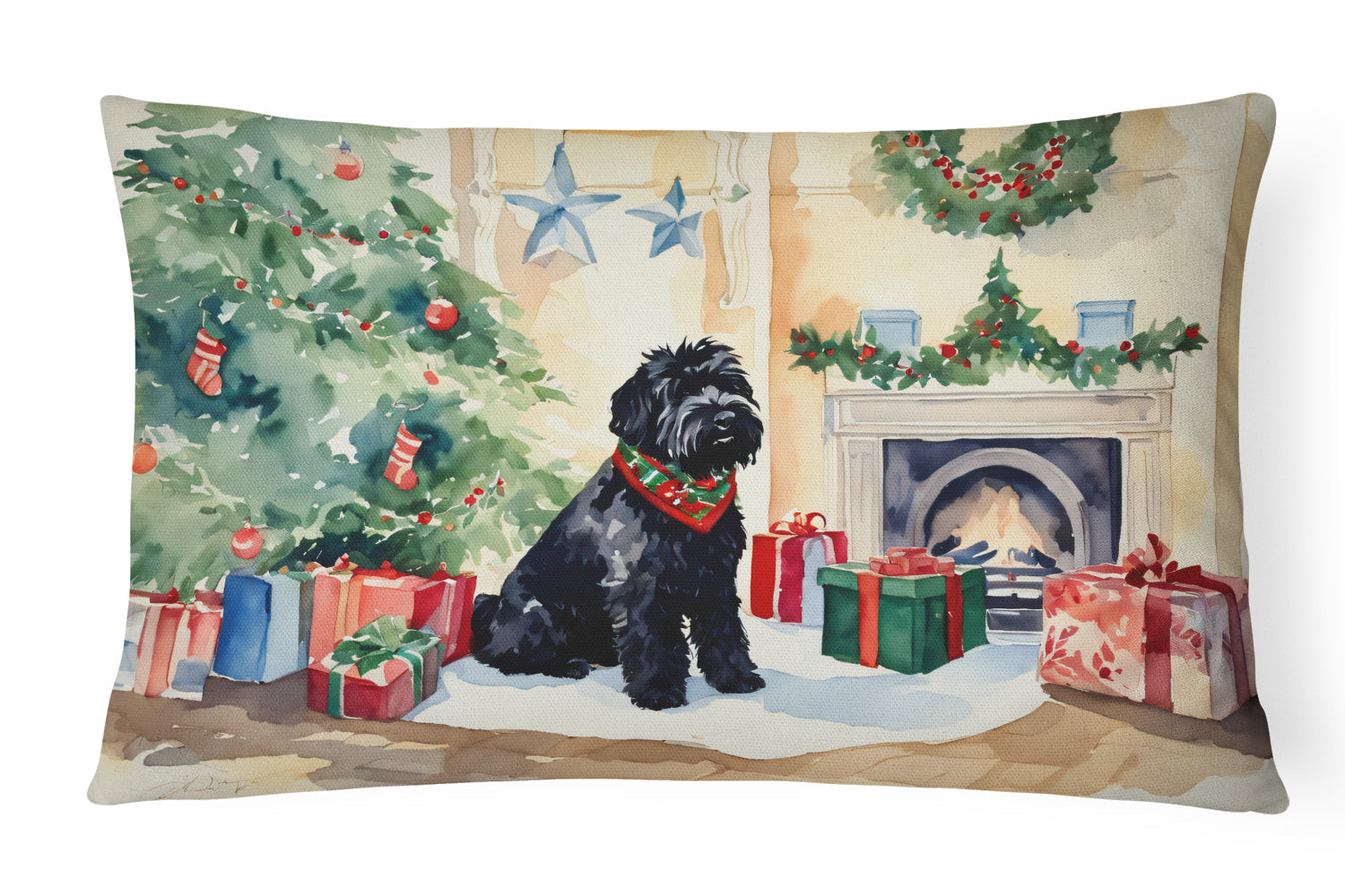 Black Russian Terrier Cozy Christmas Decorative Throw Pillow 12x16 Indoor Outdoor Accent Cushion, Fabric Cover with Insert for Sofa, Bed, Porch & Living Room