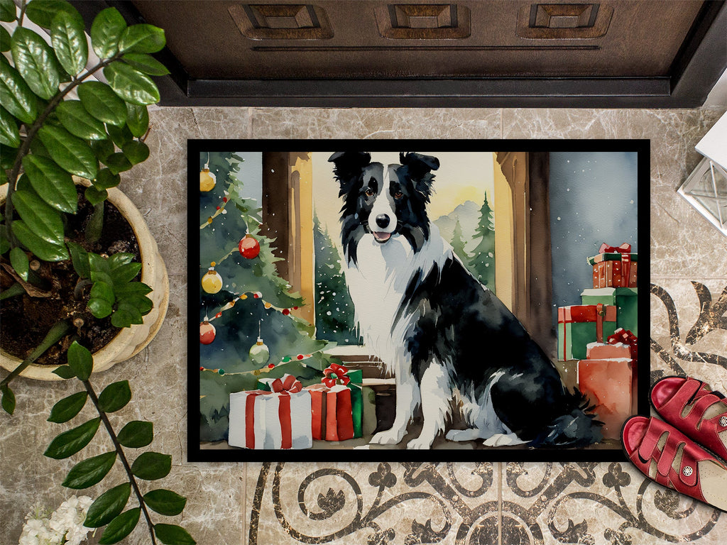 Border Collie Cozy Christmas Doormat Indoor Outdoor 24H X 36W Front Door Mat Rugs for Entryway, Non Slip Washable Low Pile,