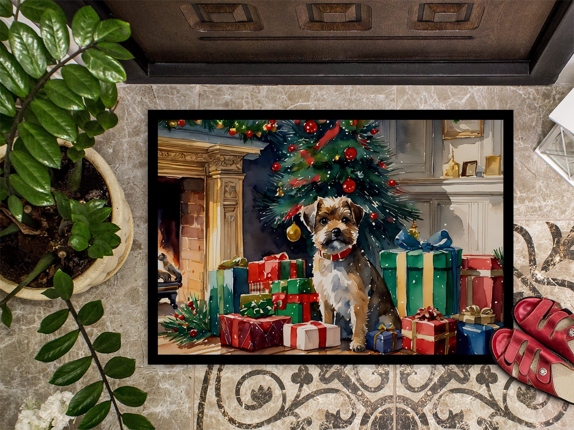 Border Terrier Cozy Christmas Doormat Indoor Outdoor 24H X 36W Front Door Mat Rugs for Entryway, Non Slip Washable Low Pile,