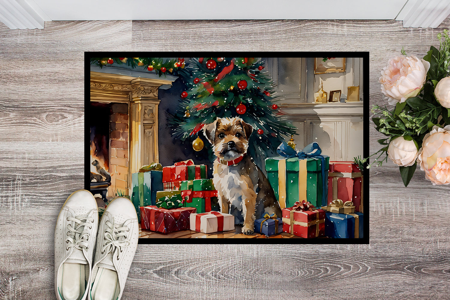 Border Terrier Cozy Christmas Doormat Indoor Outdoor 18H X 27W Front Door Mat Rugs for Entryway, Non Slip Washable