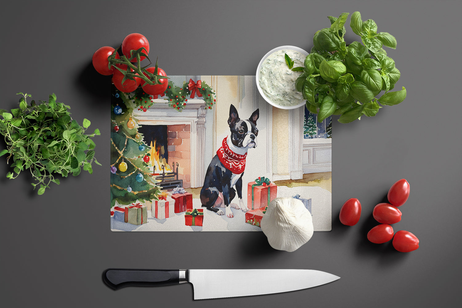 Boston Terrier Cozy Christmas Cutting Board Tempered Glass Kitchen Cutting Surface, Heat Resistant Chopping, Non-Slip Feet, Food Prep & Serving
