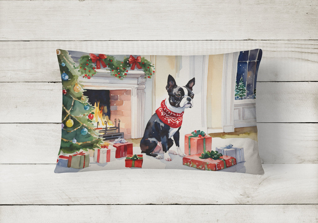 Boston Terrier Cozy Christmas Decorative Throw Pillow 12x16 Indoor Outdoor Accent Cushion, Fabric Cover with Insert for Sofa, Bed, Porch & Living Room