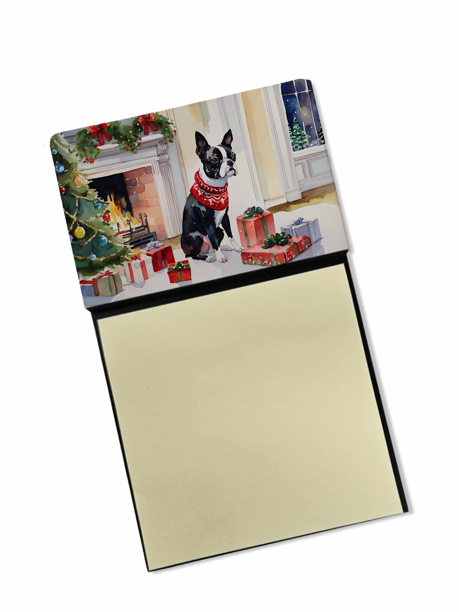 Boston Terrier Cozy Christmas Watercolor Sticky Note Holder Refillable Dispenser Desk Accessory 3x3 Pad Gift