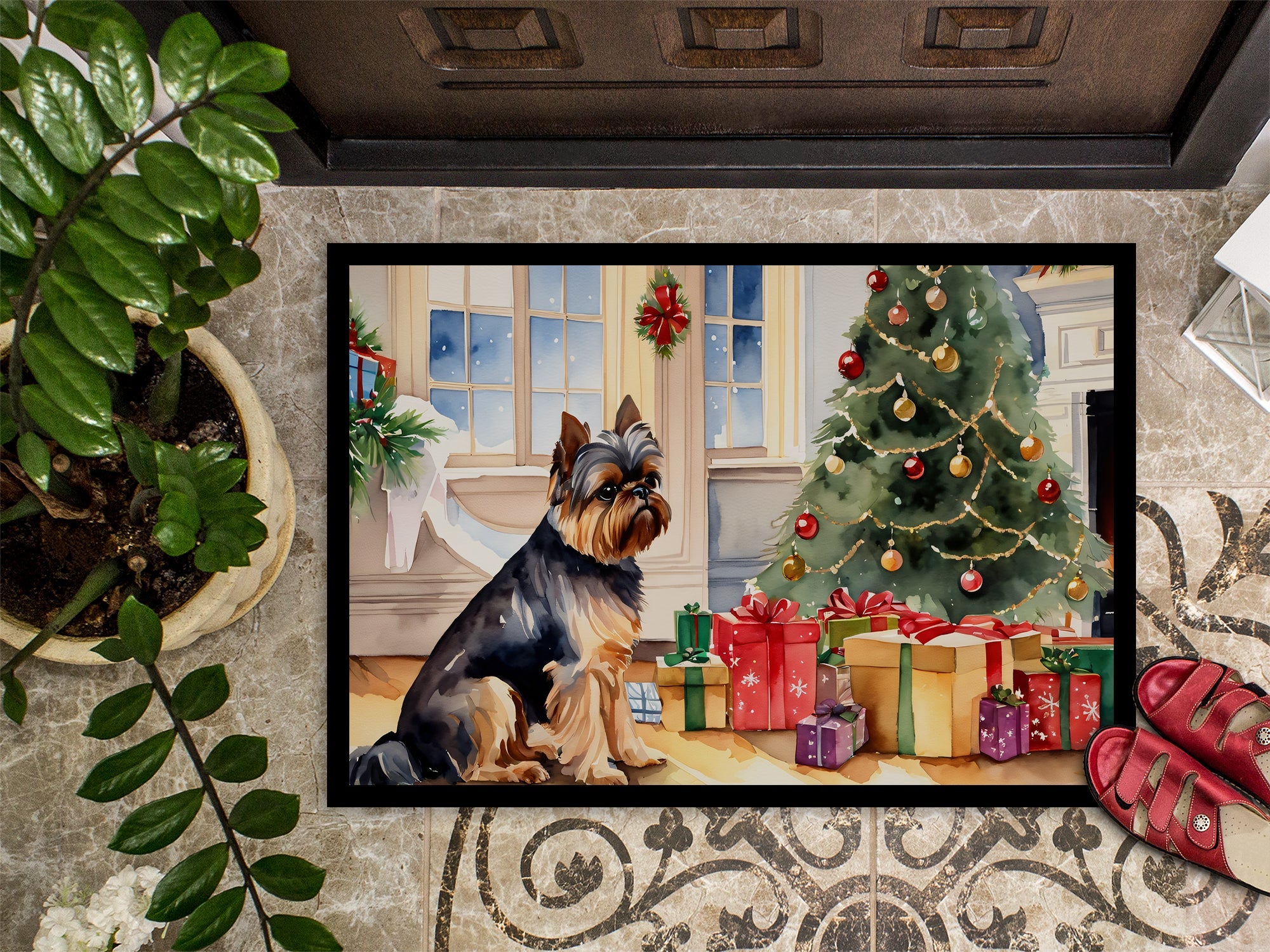 Brussels Griffon Cozy Christmas Doormat Indoor Outdoor 24H X 36W Front Door Mat Rugs for Entryway, Non Slip Washable Low Pile,
