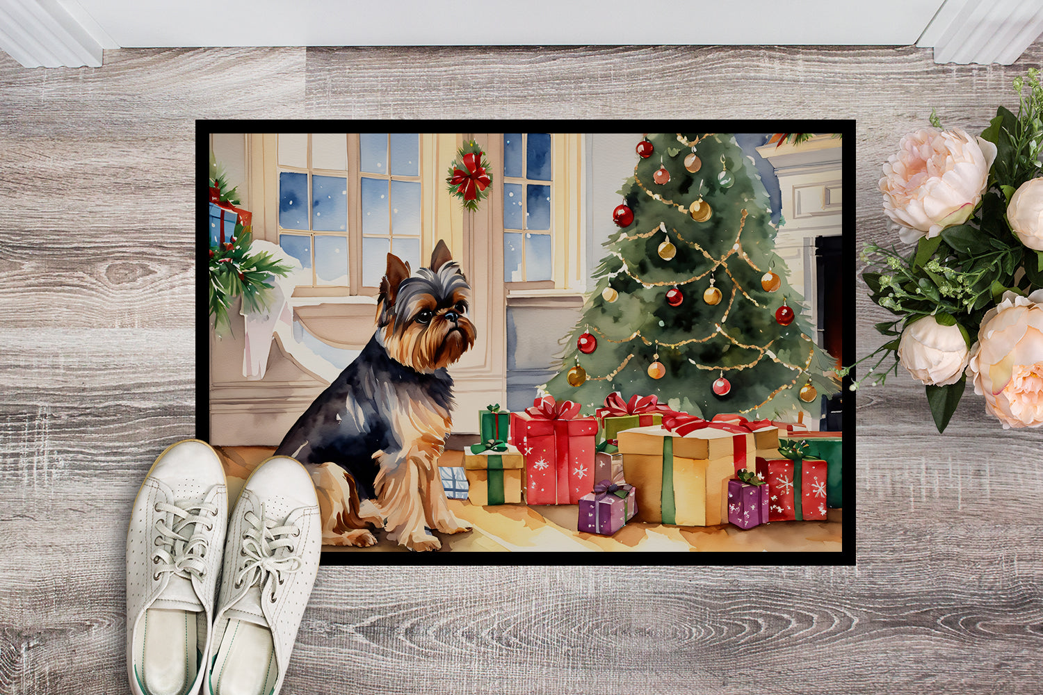 Brussels Griffon Cozy Christmas Doormat Indoor Outdoor 18H X 27W Front Door Mat Rugs for Entryway, Non Slip Washable