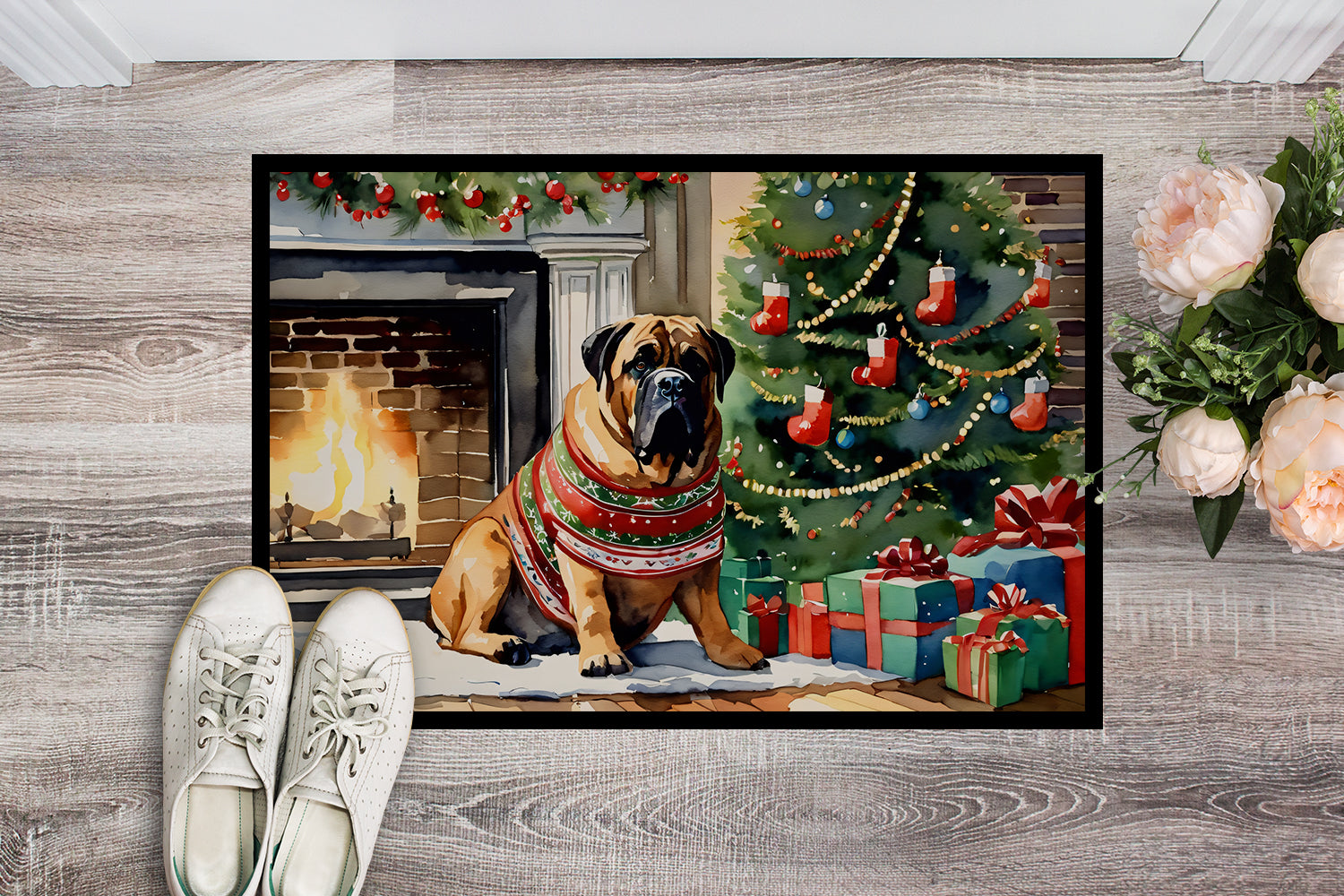Bullmastiff Cozy Christmas Doormat Indoor Outdoor 24H X 36W Front Door Mat Rugs for Entryway, Non Slip Washable Low Pile,