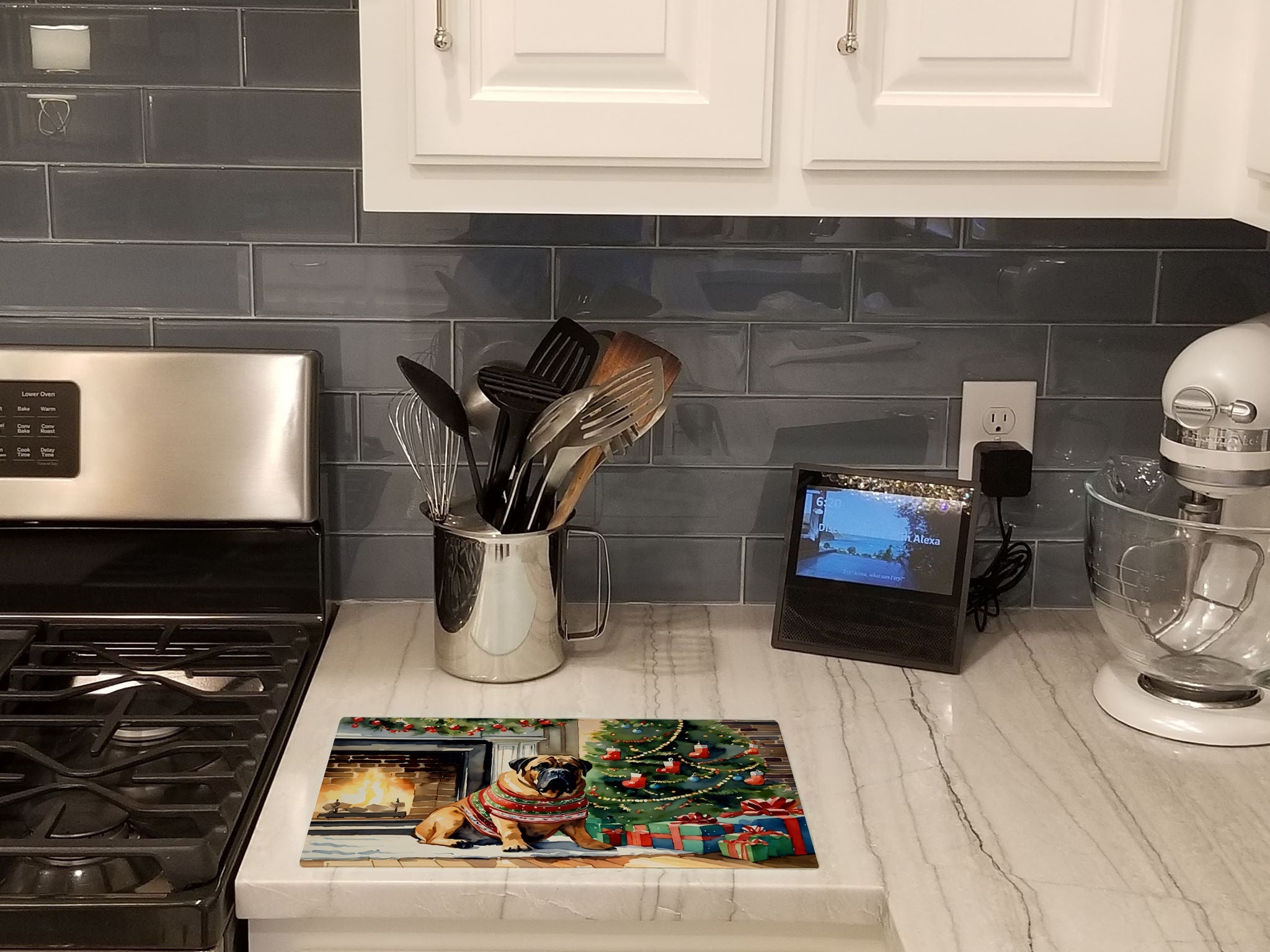 Bullmastiff Cozy Christmas Cutting Board Tempered Glass Kitchen Cutting Surface, Heat Resistant Chopping, Non-Slip Feet, Food Prep & Serving
