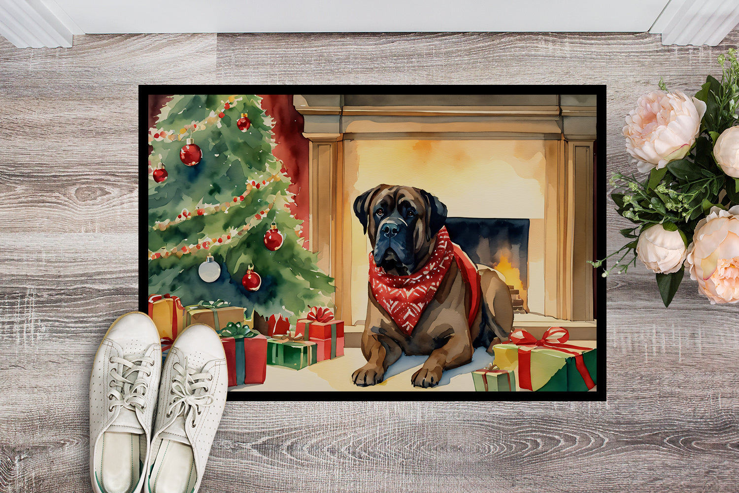 Bullmastiff Cozy Christmas Doormat Indoor Outdoor 24H X 36W Front Door Mat Rugs for Entryway, Non Slip Washable Low Pile,