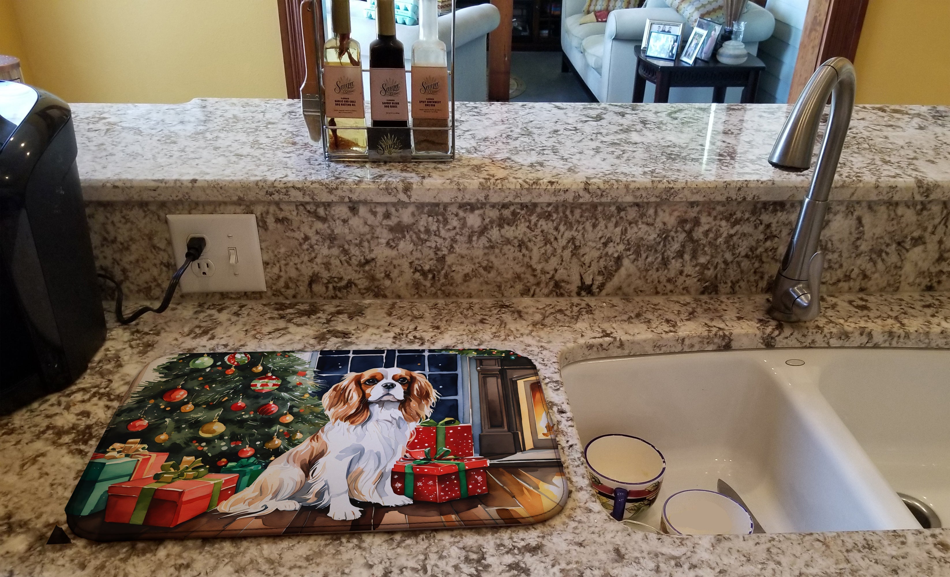 Cavalier Spaniel Cozy Christmas Dish Drying Mat Absorbent Dish Drying Mat Pad for Kitchen Counter Dish Drainer Mat for Countertop, 14 x 21", Multicolor
