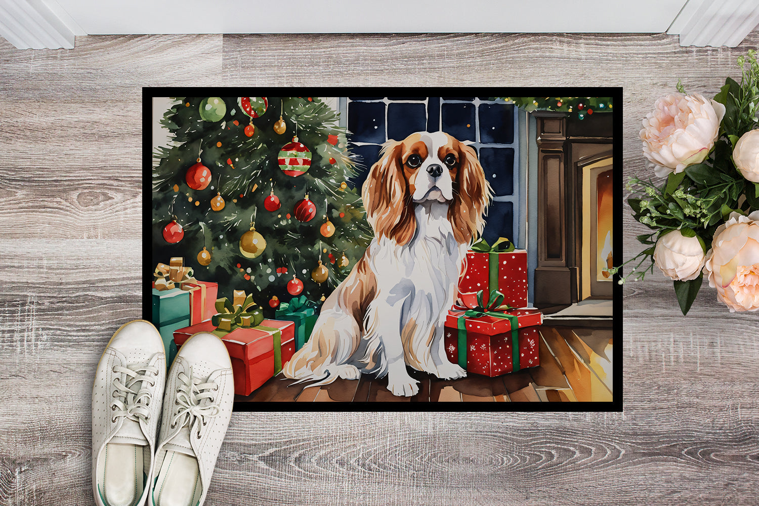 Cavalier Spaniel Cozy Christmas Doormat Indoor Outdoor 24H X 36W Front Door Mat Rugs for Entryway, Non Slip Washable Low Pile,