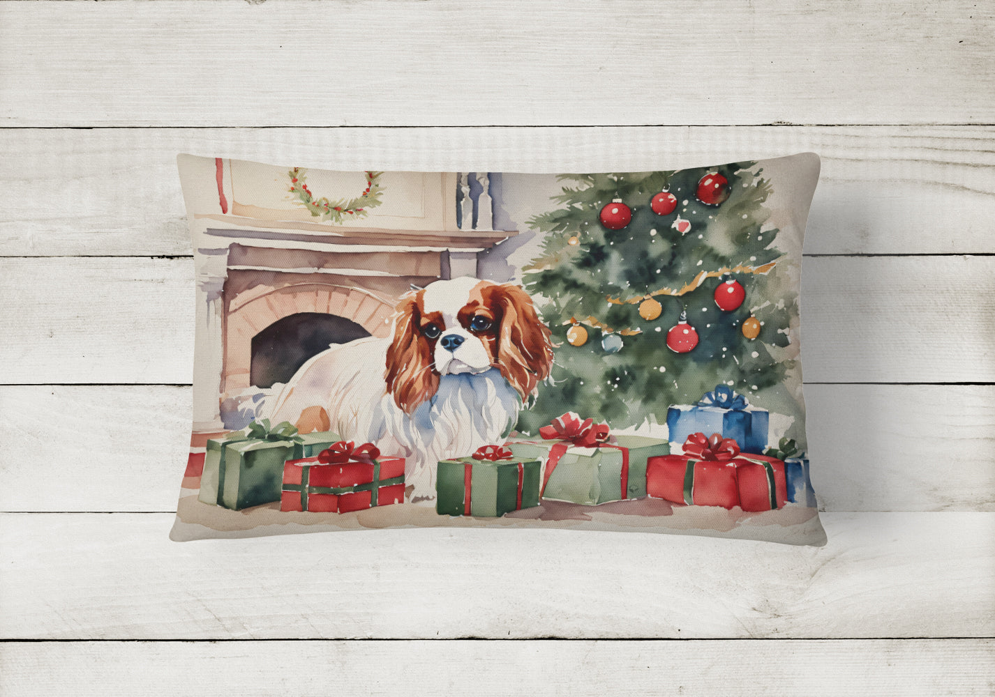 Cavalier Spaniel Cozy Christmas Decorative Throw Pillow 12x16 Indoor Outdoor Accent Cushion, Fabric Cover with Insert for Sofa, Bed, Porch & Living Room