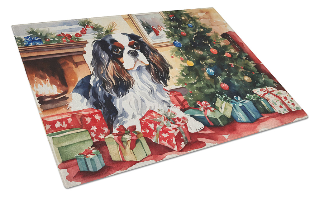 Cavalier Spaniel Cozy Christmas Cutting Board Tempered Glass Kitchen Cutting Surface, Heat Resistant Chopping, Non-Slip Feet, Food Prep & Serving