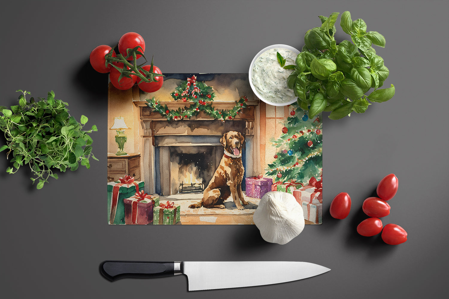 Chesapeake Bay Retriever Cozy Christmas Cutting Board Tempered Glass Kitchen Cutting Surface, Heat Resistant Chopping, Non-Slip Feet, Food Prep & Serving