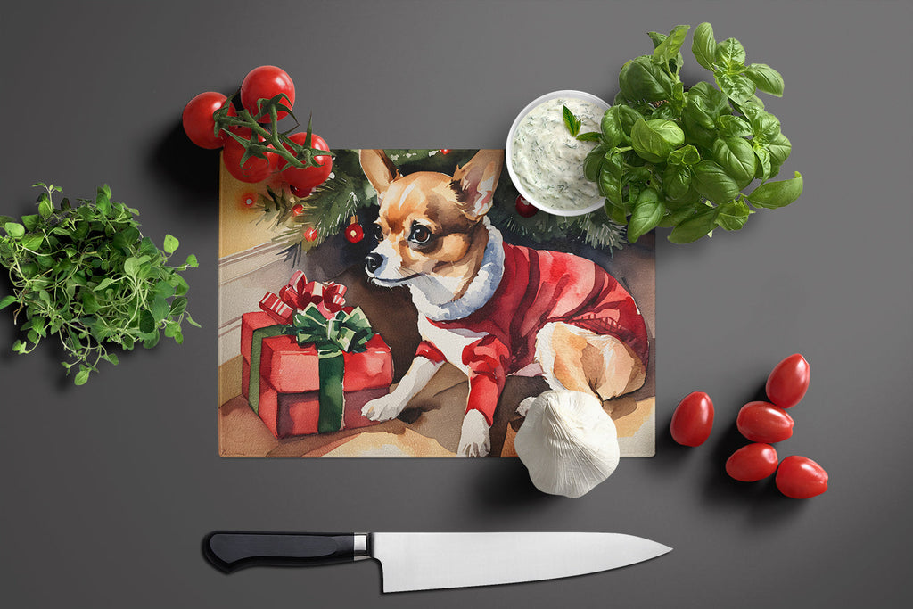 Chihuahua Cozy Christmas Cutting Board Tempered Glass Kitchen Cutting Surface, Heat Resistant Chopping, Non-Slip Feet, Food Prep & Serving