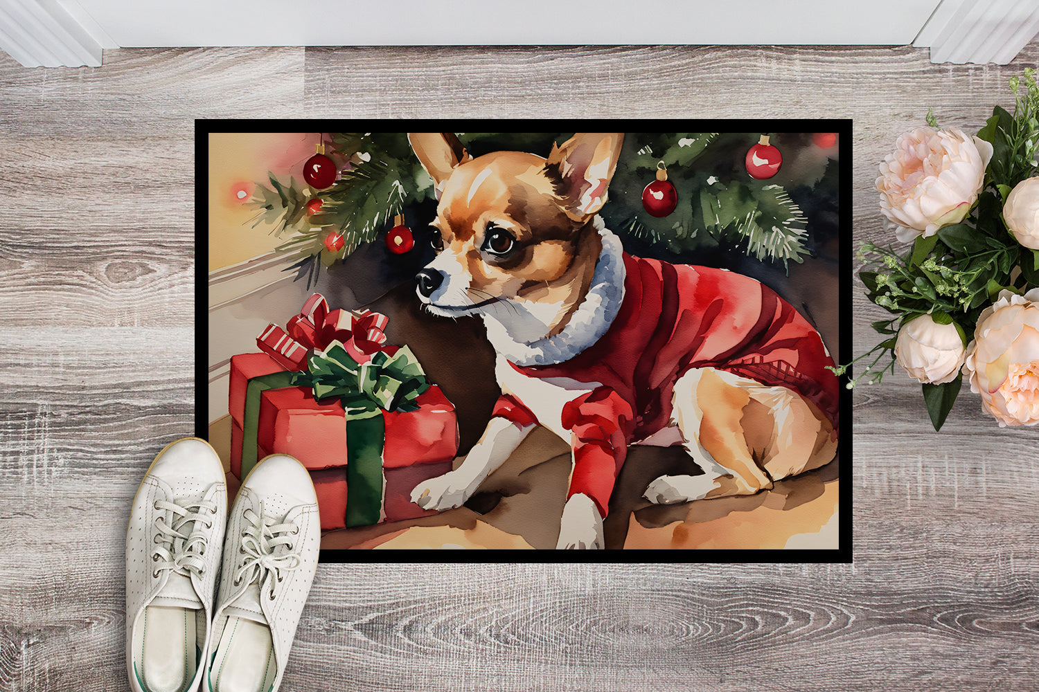 Chihuahua Cozy Christmas Doormat Indoor Outdoor 18H X 27W Front Door Mat Rugs for Entryway, Non Slip Washable