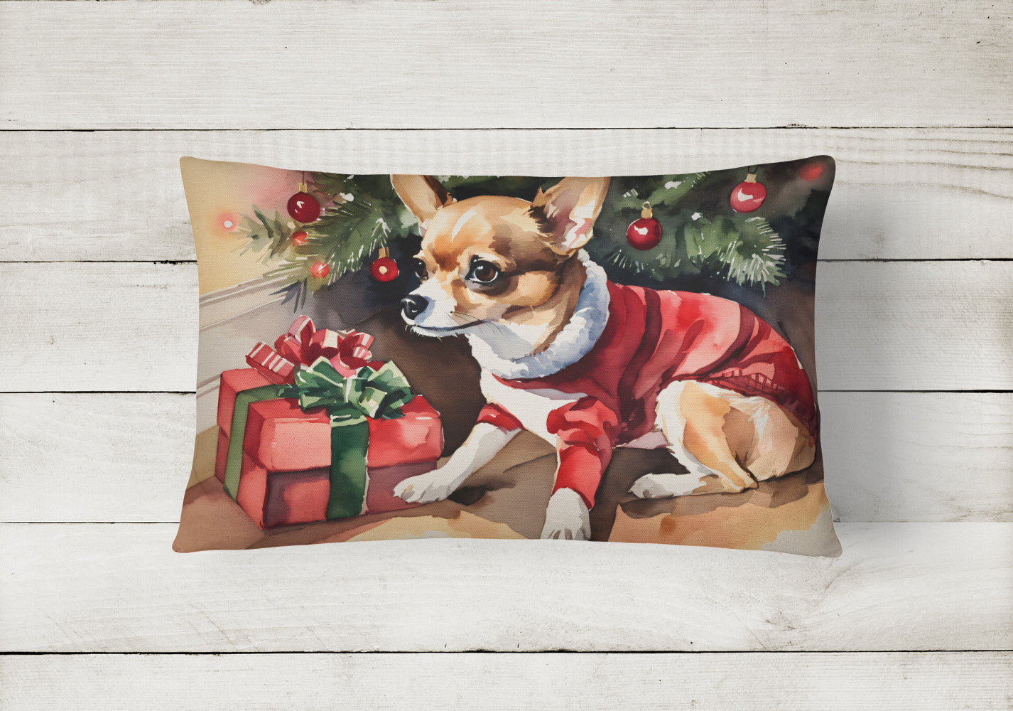 Chihuahua Cozy Christmas Decorative Throw Pillow 12x16 Indoor Outdoor Accent Cushion, Fabric Cover with Insert for Sofa, Bed, Porch & Living Room