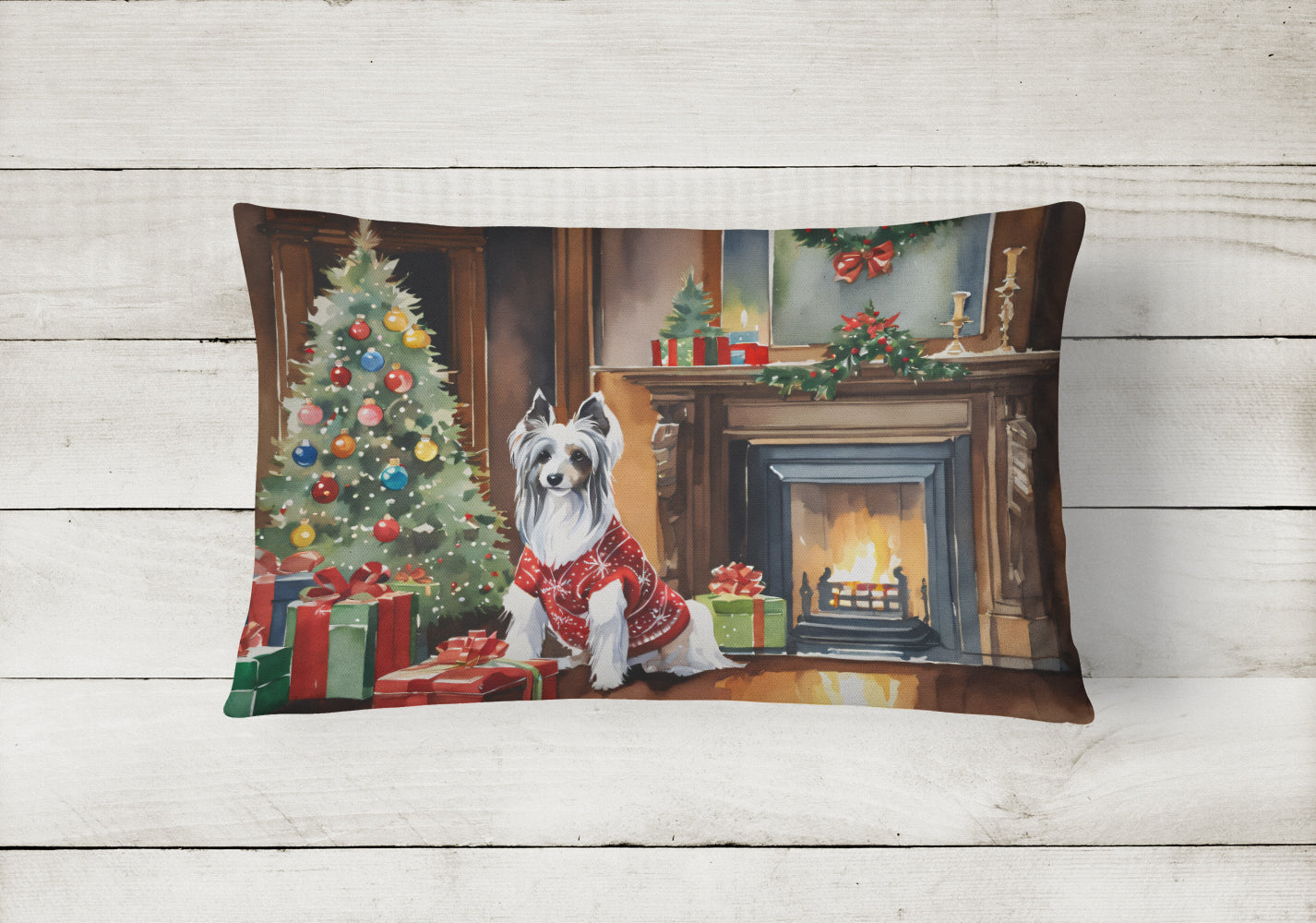 Chinese Crested Cozy Christmas Decorative Throw Pillow 12x16 Indoor Outdoor Accent Cushion, Fabric Cover with Insert for Sofa, Bed, Porch & Living Room