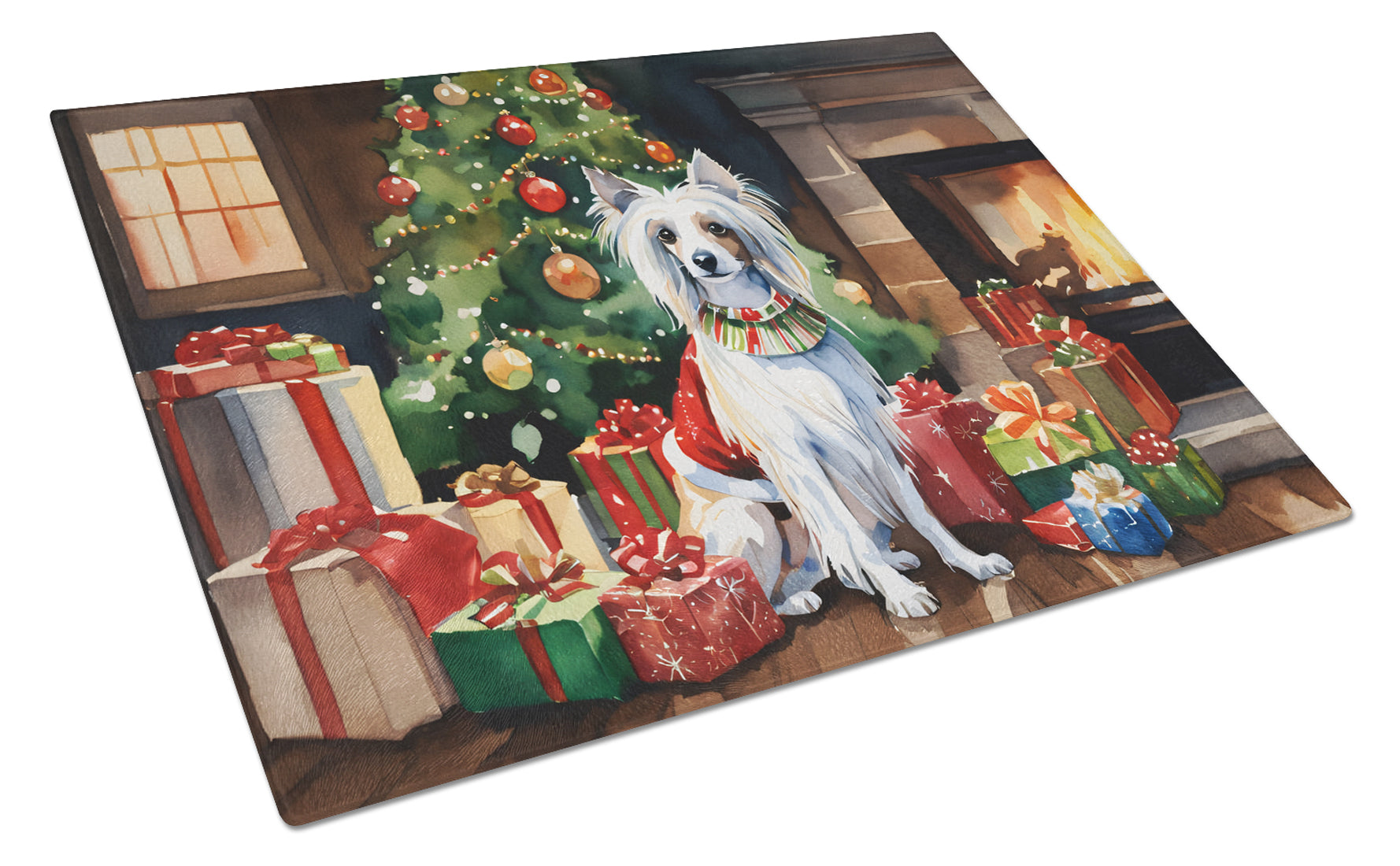 Chinese Crested Cozy Christmas Cutting Board Tempered Glass Kitchen Cutting Surface, Heat Resistant Chopping, Non-Slip Feet, Food Prep & Serving