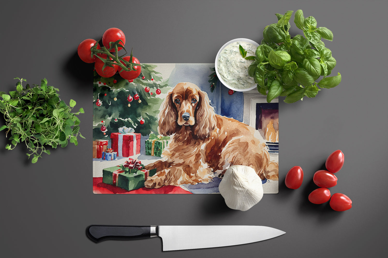 Cocker Spaniel Cozy Christmas Cutting Board Tempered Glass Kitchen Cutting Surface, Heat Resistant Chopping, Non-Slip Feet, Food Prep & Serving