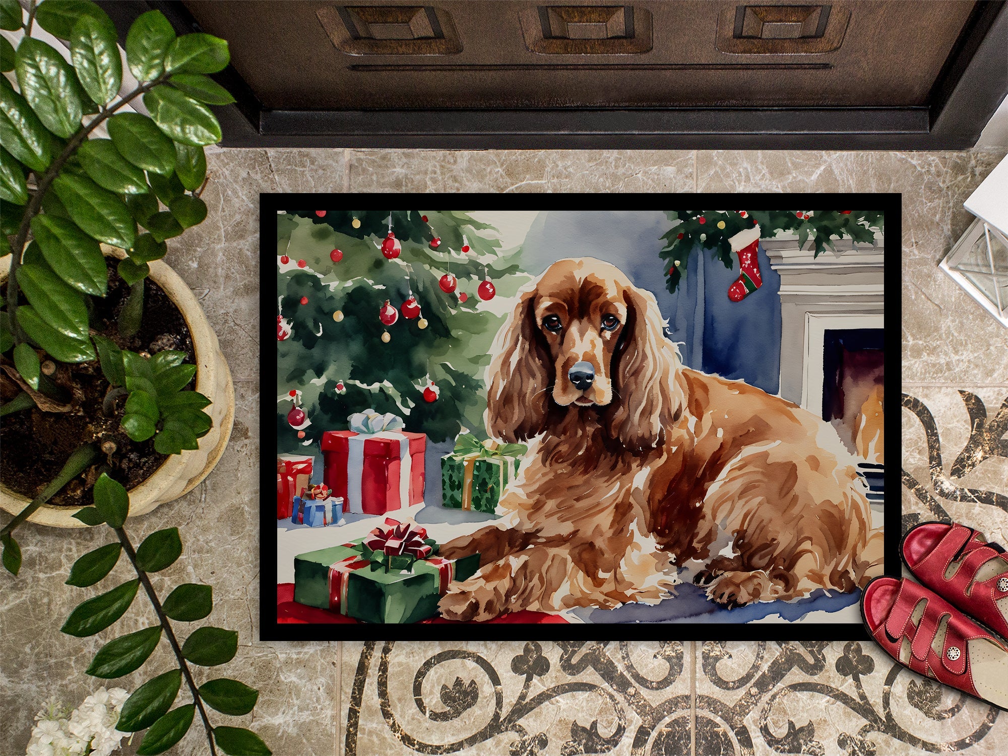 Cocker Spaniel Cozy Christmas Doormat Indoor Outdoor 18H X 27W Front Door Mat Rugs for Entryway, Non Slip Washable