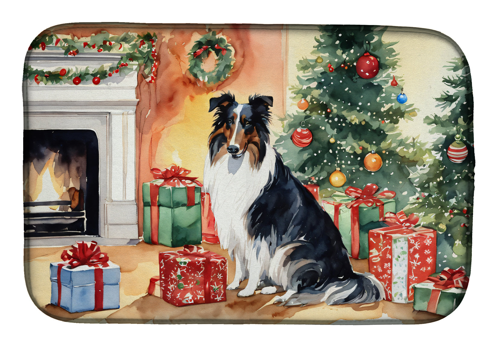 Collie Cozy Christmas Dish Drying Mat Absorbent Dish Drying Mat Pad for Kitchen Counter Dish Drainer Mat for Countertop, 14 x 21", Multicolor