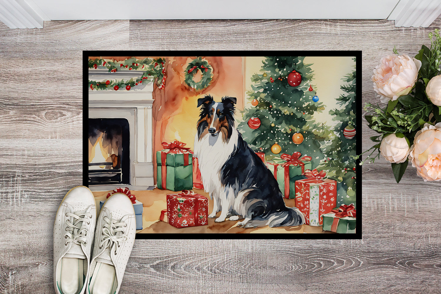 Collie Cozy Christmas Doormat Indoor Outdoor 18H X 27W Front Door Mat Rugs for Entryway, Non Slip Washable