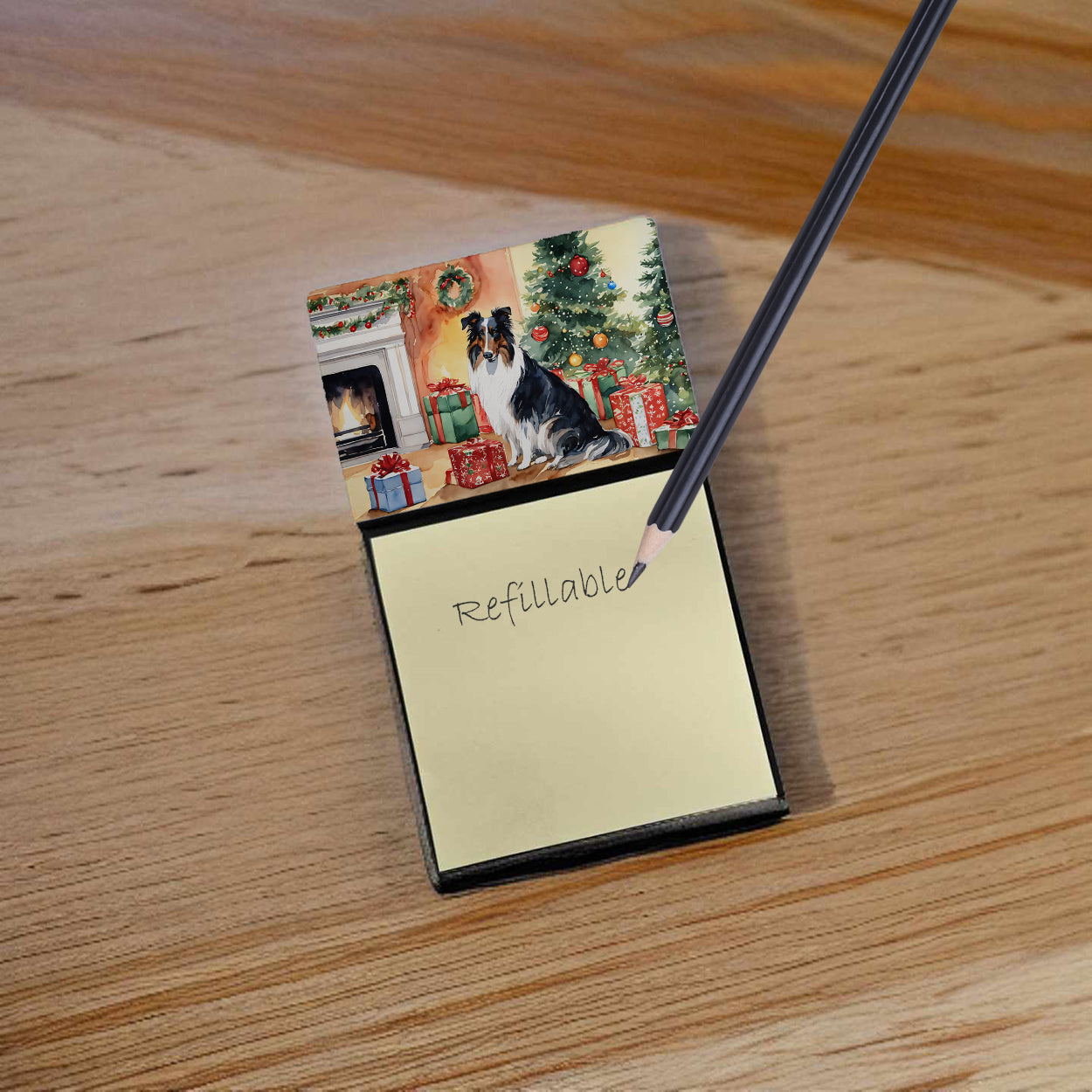 Collie Cozy Christmas Watercolor Sticky Note Holder Refillable Dispenser Desk Accessory 3x3 Pad Gift