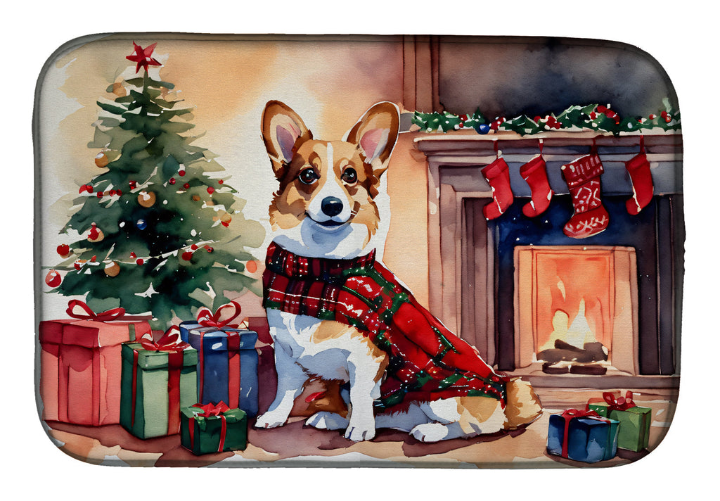 Corgi Cozy Christmas Dish Drying Mat Absorbent Dish Drying Mat Pad for Kitchen Counter Dish Drainer Mat for Countertop, 14 x 21", Multicolor