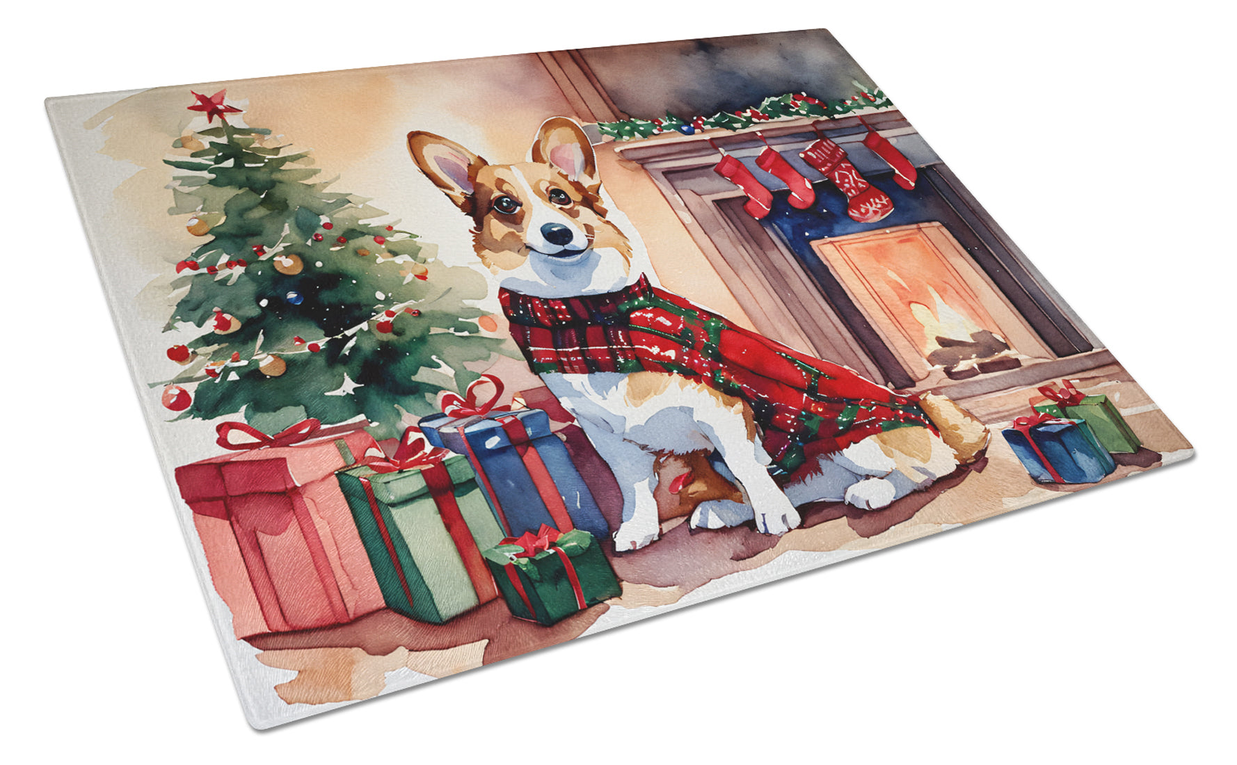 Corgi Cozy Christmas Cutting Board Tempered Glass Kitchen Cutting Surface, Heat Resistant Chopping, Non-Slip Feet, Food Prep & Serving