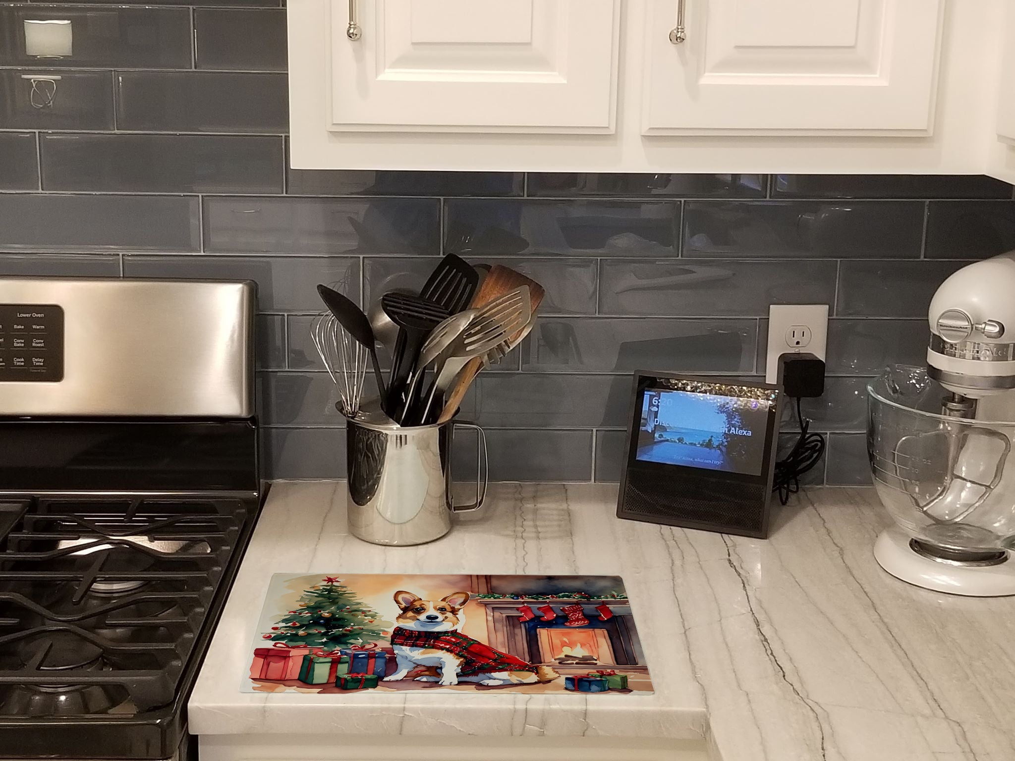 Corgi Cozy Christmas Cutting Board Tempered Glass Kitchen Cutting Surface, Heat Resistant Chopping, Non-Slip Feet, Food Prep & Serving